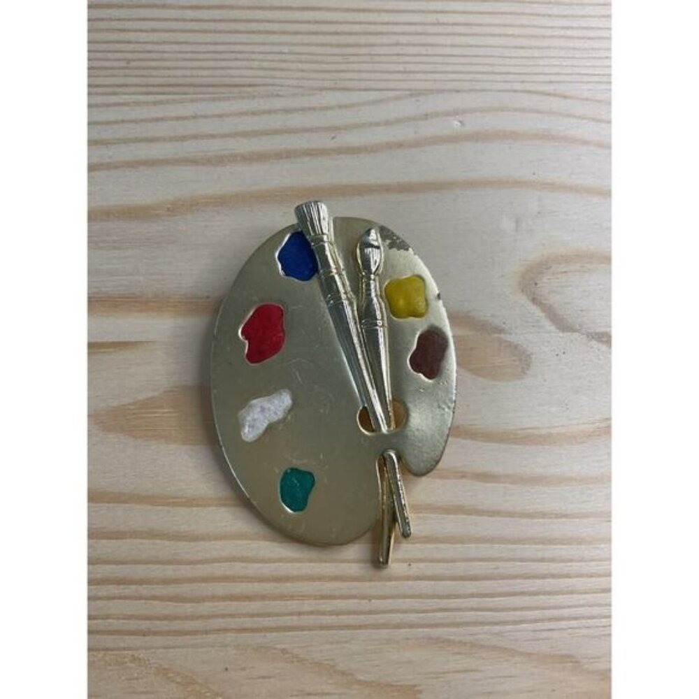 Vintage JJ Artist Palette Brooch Pin Gold Tone With Paintbrush & Paints